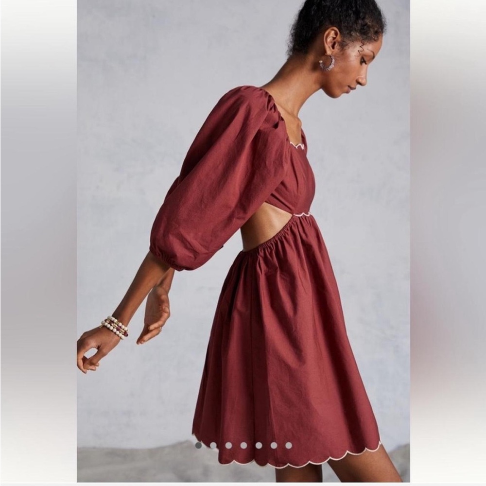 Anthropologie Burgundy Mini Dress with Puff Sleeves - Picture 2 of 6